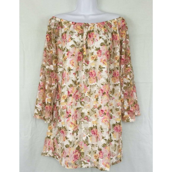 Dainty Hooligan Off Shoulder Tunic Dress Size S Roses Floral Lace Overlay Lined - Picture 13 of 13